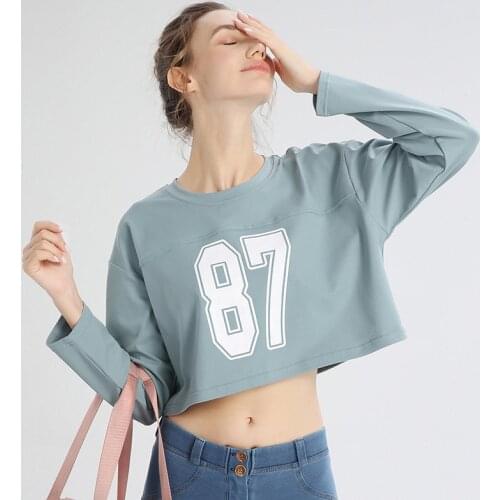 Korean version of loose long-sleeved sports and fitness apparel female fashion printed yoga tops T-shirt running wearing yoga