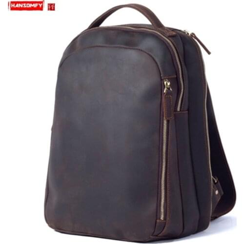 Retro Crazy Horse Leather Backpack Men Shoulder Bag Large Capacity Male Laptop Backpack Travel Schoolbag First Layer Cowhide