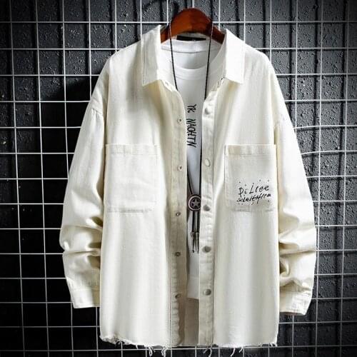 Personality Korean Back Letter Printed Mens Denim Jackets Long Sleeve Single Breasted Lapel Male Medium Length Coats Plus Size