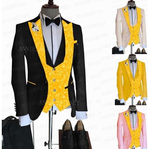 Newest Black Men Suit 3 Pieces Custom Singer Groom Wedding Prom Slim fit Suit Jacket Yellow Printed Vest Pants Dress Tuxedo Set