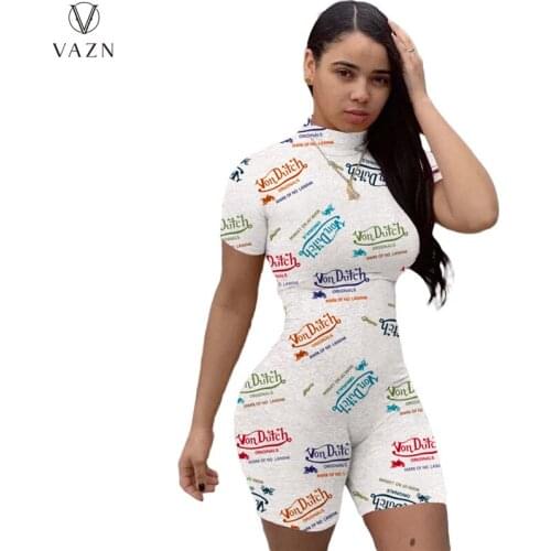 VAZN 2021 New Print Short Sleeve Vintage Bandage Young Sexy Soft Daily Simple High Waist Women Pencil Playsuits