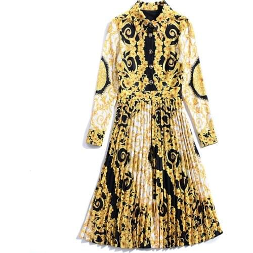 PERHAPS U Yellow Turn Down Collar Baroque Print Long Sleeve Empire Button Zipper Pleated A-line Gold Midi Dress Autumn D1717