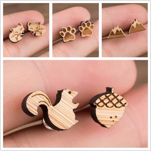 Simple Wood Earings Jewelry Cute Animal Fox Hedgehog Paw Stud Earrings for Women Girls Ear Earrings Piercing Pendients Party Gif