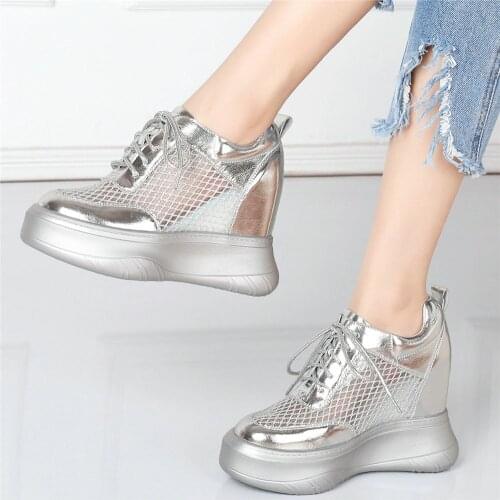 Summer Lace Up Casual Shoes Women Genuine Leather Wedges High Heel Ankle Boots Female Breathable Mesh Round Toe Platform Pumps