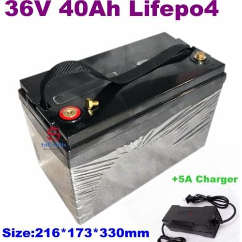 Deep cycles 36V 40Ah Lifepo4 battery Pack waterproof case with BMS for ebike electric scooter motorbike + 43.8V 5A Charger