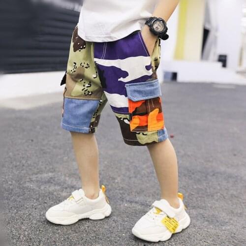 Boys Short Pants Summer Wear Cotton camouflage spliced Middle pants Loose Cargo PANTS Knee Length Elastic waist Thin Half pants