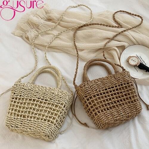 Gusure Summer Small Bow Straw Shoulder Bag For Women Fashion Woven Beach Top-handle Handbags Ladies Daily Vacation Crossbody Bag