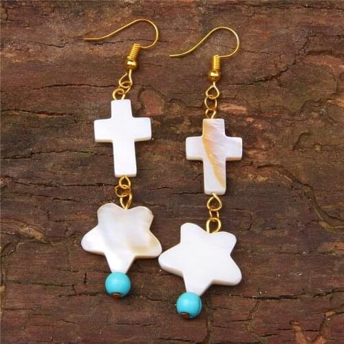 Cross Earrings Series Natural Cross Shell Pendant Drop Earrings Women 6 mm Turquois Beads Charm Dangle Earrings BOHO Jewelry