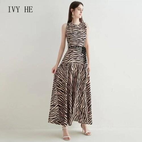 IVY HE European And American New Sexy Sleeveless Stripe Stitching Dress Lace Up Long Dress Summer Womens Dress 2021 Streetwear