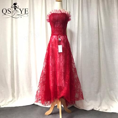 Red Lace Prom Dress Off Shoulder Lace Evening Gown Boned Party Dress Strapless A line Party Gown Embroidery Lace Girl Cheap Prom