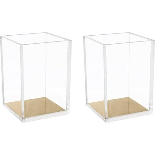 2 Packs Acrylic Pencil and Pen Holder Gold Desktop Stationery Organizer Office Desk Accessory Makeup Brush Storage Brush Bucket