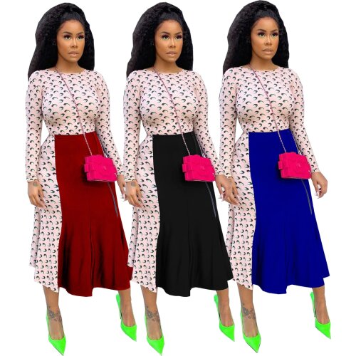 4A5190 Autumn Women Casual Two Piece Set Top and Print Splicing Dress Pants Tracksuit Sweatsuit Outfits