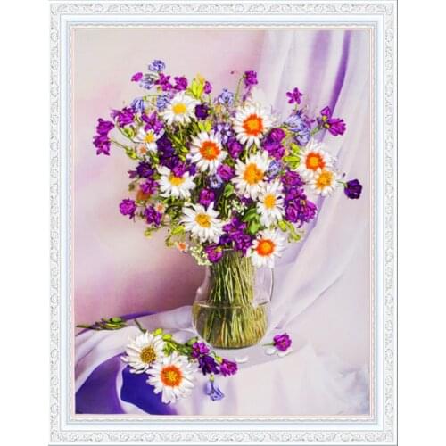 50x65cm Purple series of flowers Ribbon embroidery kit stain painting set handcraft kit DIY handmade needlework art home decor