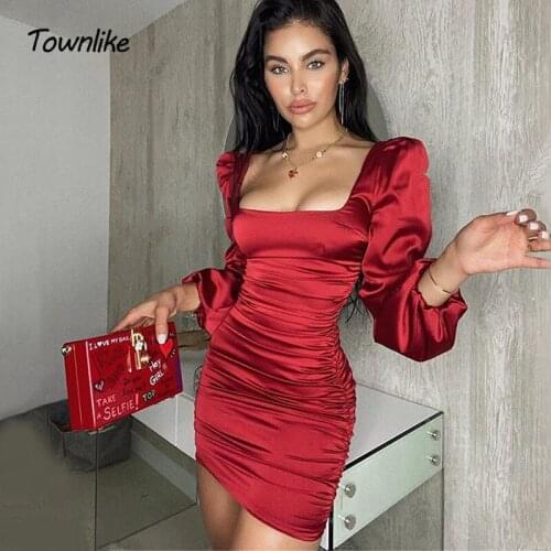 Townlike Burgundy Satin Mini Party Sexy Dress Women Long Lantern Sleeve Autumn Winter Dress Backless Folds Bodycon Dresses 2020