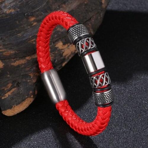 Punk Red Genuine Leather Bracelet for Men Stainless Steel Vintage Braided Leather Bangles Male Lucky Jewelry Friend Gifts SP1163