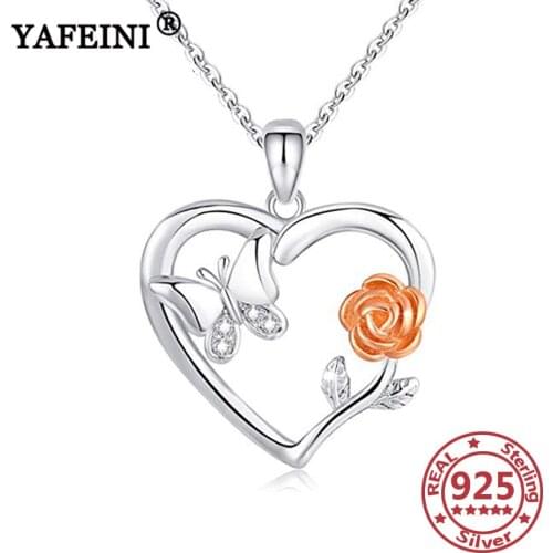 YAFEINI 925 Sterling Silver Rose&Butterfly Pendant Necklace Silver925 Jewelry Chain Women Valentines Day Gift Mothers Day Gift