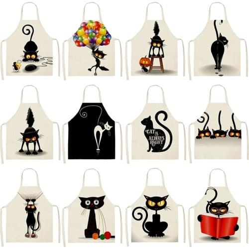 Black Cute Cat Pattern Kitchen Sleeveless Aprons Cotton Linen Bibs 53*65cm Household Women Cleaning Pinafore Home Cooking 46308