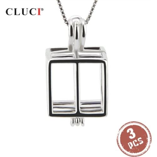 CLUCI 3pcs Charming Silver 925 Christmas Pendant Gift for Women 925 Sterling Silver Box Shaped Cage Pendant Pearl Locket SC145SB