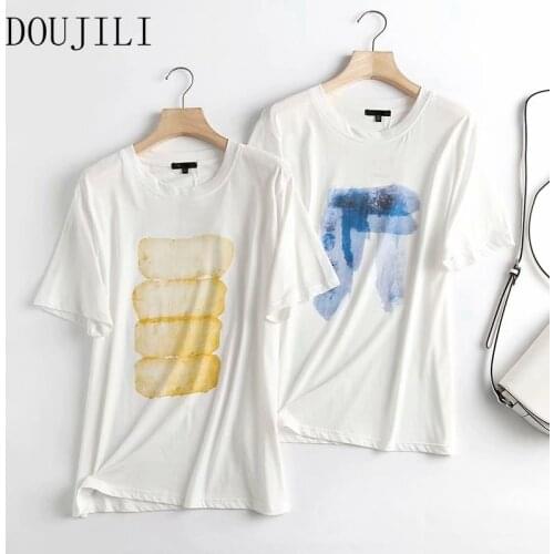 DOUJILI 2021 Women Print Soft Cotton T Shirt Short Sleeve O Neck Fashion Ladies Top Tees Casual Shirt Street Wear Top