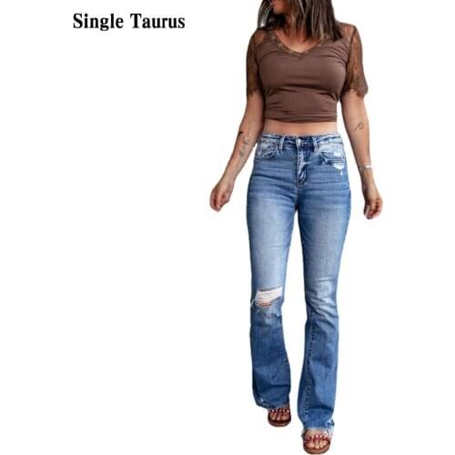 Retro Stretch Slim Bootcut Jeans High Waist Vintage Moustache Effect Mom Denim Blue Pants for Women Casual Streetwear Clothing
