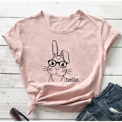 Hello Bunny With Glasses T-shirt Cute Womens Easter Holiday Gift Tshirt Happy Easter Day Graphic Tee Shirt Top