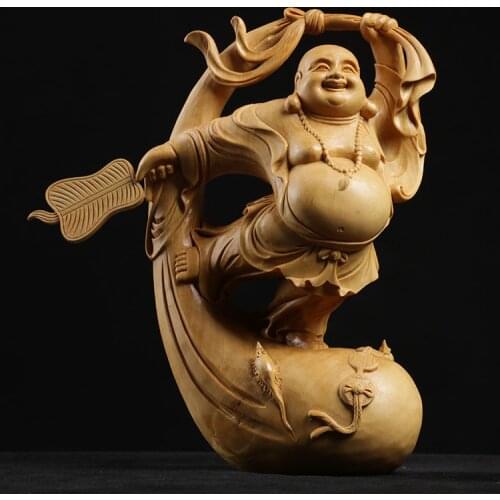 Boxwood Carving Home Decoration Chinese Decorative Solid Wood Statue Gift Laughing Buddha Maitreya Sculpture Home Decor
