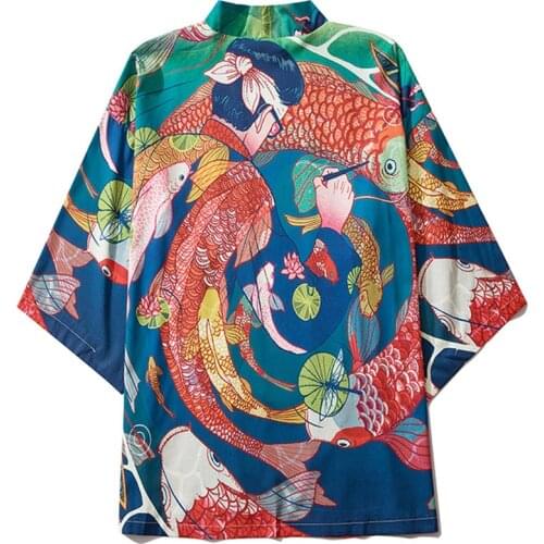 Summer Carp Haori Japanese Traditional Style Kimono Jacket Shirt Men Women Cardigan Yukata Shirts Man Beach Clothing 2021