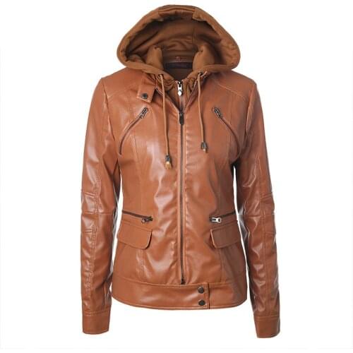 Womens Casual Leather Coat with Drawstring Detachable Hat Zipper Short Womens Leather Jacket