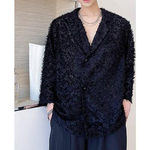 3/4 Sleeve Shirt Mens Lazy Style Korean Harajuku Chic Fashion Loose Casual Shirts Tops Man Dress Shirt Stage Clothing