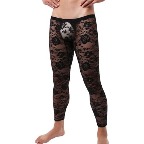 Mens Transparent Sexy Skinny Low Waist Rose flower hollow Mesh Pants Nightclub Party Stretch Slim Trousers Sexy Man Lace Pants