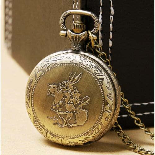 Alice In Wonderland Retro Pocket Watch Pendant With Chain Necklace Bronze Rabbit Fob Watch