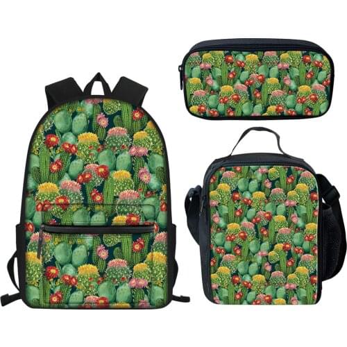 ELVISWORDS Customize School Bags 3 Pcs/set Cactus Flower Printing Backpack For Women Boys Girls Kids Book Bag Student Schoolbag