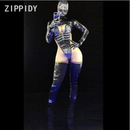 Sexy Black Printed Stretch 2 Style Bodysuit Evening Cosplay Outfit Singer Dance Leggings Halloween Nightclub Costume