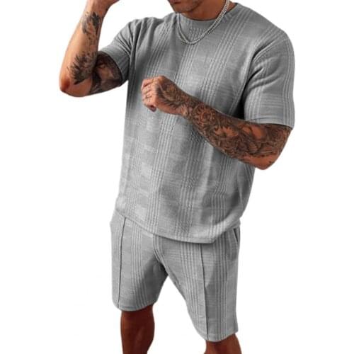 Plaid Print Sports Suit Short Sleeve Two Piece O-neck T-shirt Shorts Men Loose Sweat Suit Activewear