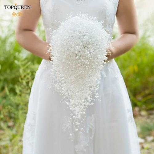 TOPQUEEN F24 100% Handmade Wedding Bouquet Pearls Beaded Simulation Flowers Wedding Gift Marriage Holding Flower Blingbing
