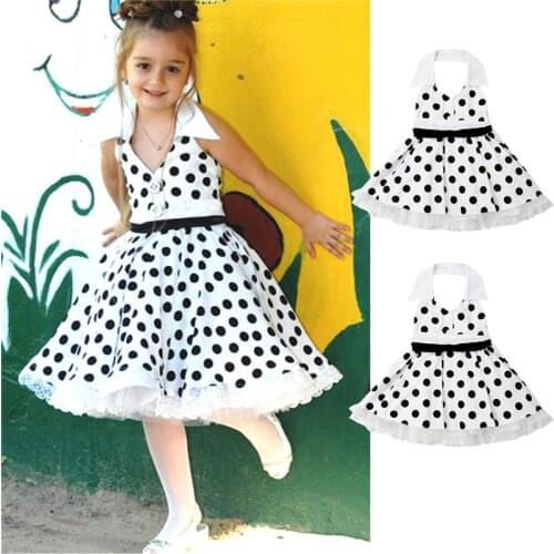 Vintage Kids Baby Girl Backless Summer Party Dress Sleeveless Lace Ruffle Polka Dot Princess Dress Girl High Waist A-Line 1-6Y