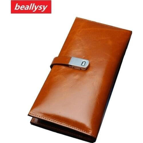 Vintage Oil Wax Genuine Leather Women Wallet Long Coin Pocket Purse Phone Wallet Female Card Holder Female Pures Lady Clutch