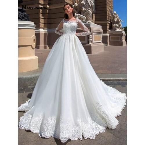 High-End O-Neck Beading Embroidery Appliques Tulle Chapel Train Bridal Ball Gown Luxury Button Back Full Sleeve Wedding Dress