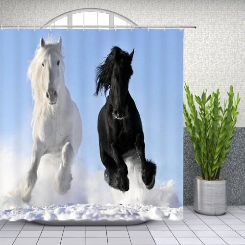 Black White Horse Shower Curtains Strong Animal Running on the Snow Bathroom Decor Home Bathtub Waterproof Polyester Curtain Set