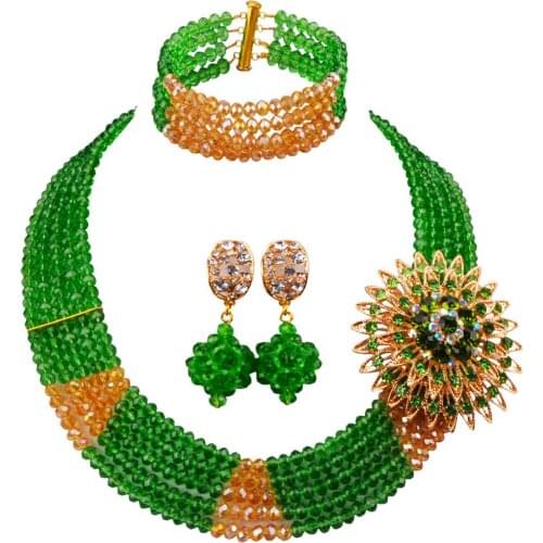 Green and Gold AB African Necklace Crystal Beaded Costume Jewelry Sets for Women 3JK06
