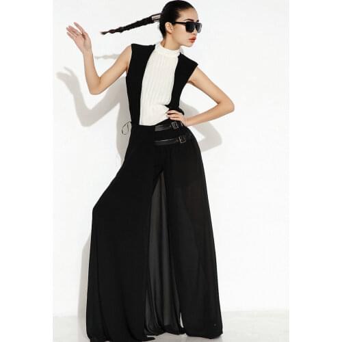 Womens pants sets Summer chiffon splicing small unlined upper garment of black and white shirt + waist wide-legged pants suits