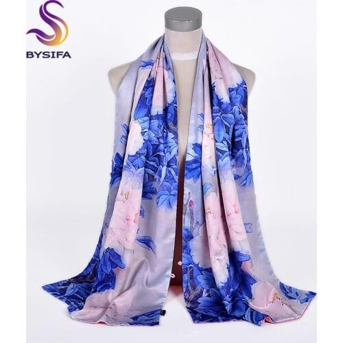 [BYSIFA] Chinese Style Blue Pink Peony Silk Shawl Scarf Female Elegant Long Shawls Wraps Fall Winter Warm Thick Scarves 175*50cm