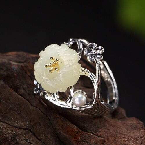 Silver S925 Sterling Silver gilded Real mosaic and Tian Yu white jade pearl Mei Flower lady opening high grade ring