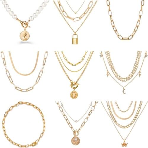 2020 Fashion Punk Coin Pendant Necklace for Women Vintage Thick Chunky Choker Multi-layer Chain Necklaces Jewelry Gifts