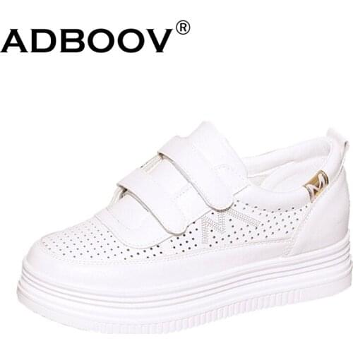 ADBOOV Genuine Leather Platform Flat Shoes Woman Hook Loop Skateboard Shoes Sneakers Female Breathable White Shoes