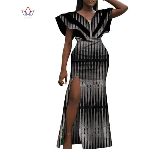 Bintarealwax 2021 Women Dresses African Ankara Print Deep V-Neck Loose Empire Plus Size Dashiki Outfits Wax Batik Dress WY4186