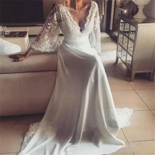 Bohemian Wedding Dresses Illusion Lace Bridal Gown Backless Long Sleeve Deep V Neck Wedding Gowns Boho Chiffon Plus Size Beach B
