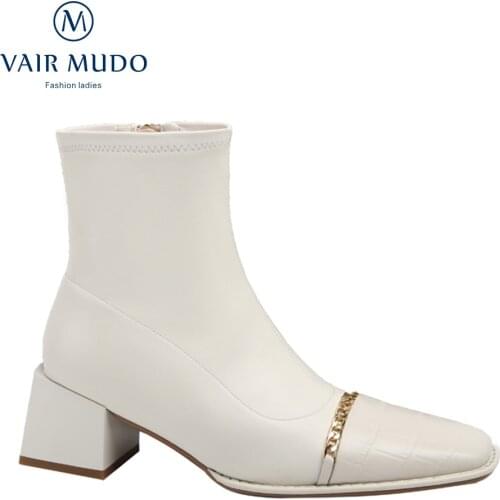 VAIR MUDO Ankle Boots Shoes Elegant White Black High Heels Spring/Autumn Genuine Leather Concise White Black Fashion ShoesWM-X48