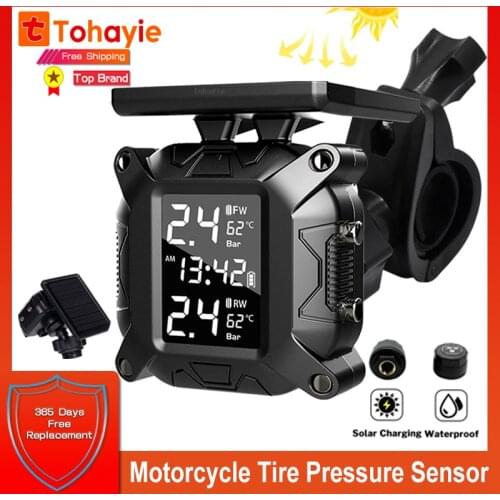 Solar Motorcycle TPMS motorcycle tire pressure sensor Temperature Monitoring Alarm System with 2 External Sensors USB