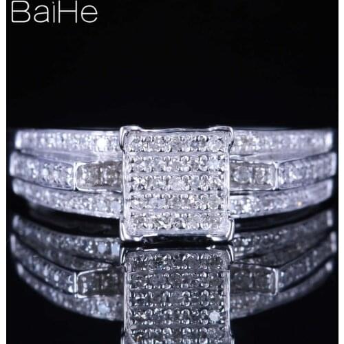 BAIHE Genuine Sterling Silver 925 0.4CT H/SI Round Natural Diamonds Party Women Ring Office/career Fine Jewelry Man Women Ring